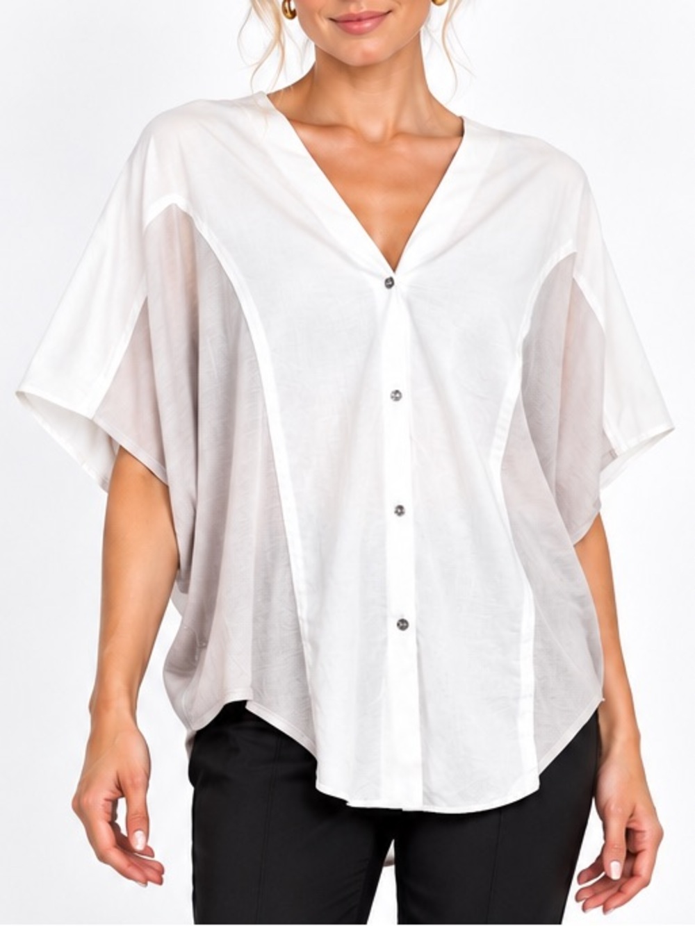 HELMUT Helmut Lang Mixed Media Cocoon Dolman Button Blouse Top White/Bone Size M